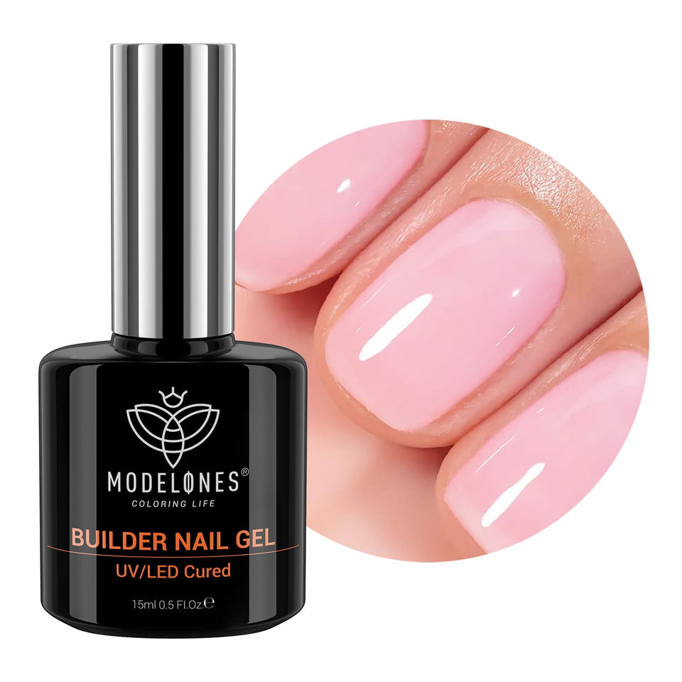 modelones bottle front packaging showing pink builder gel and uses, highlights versatility