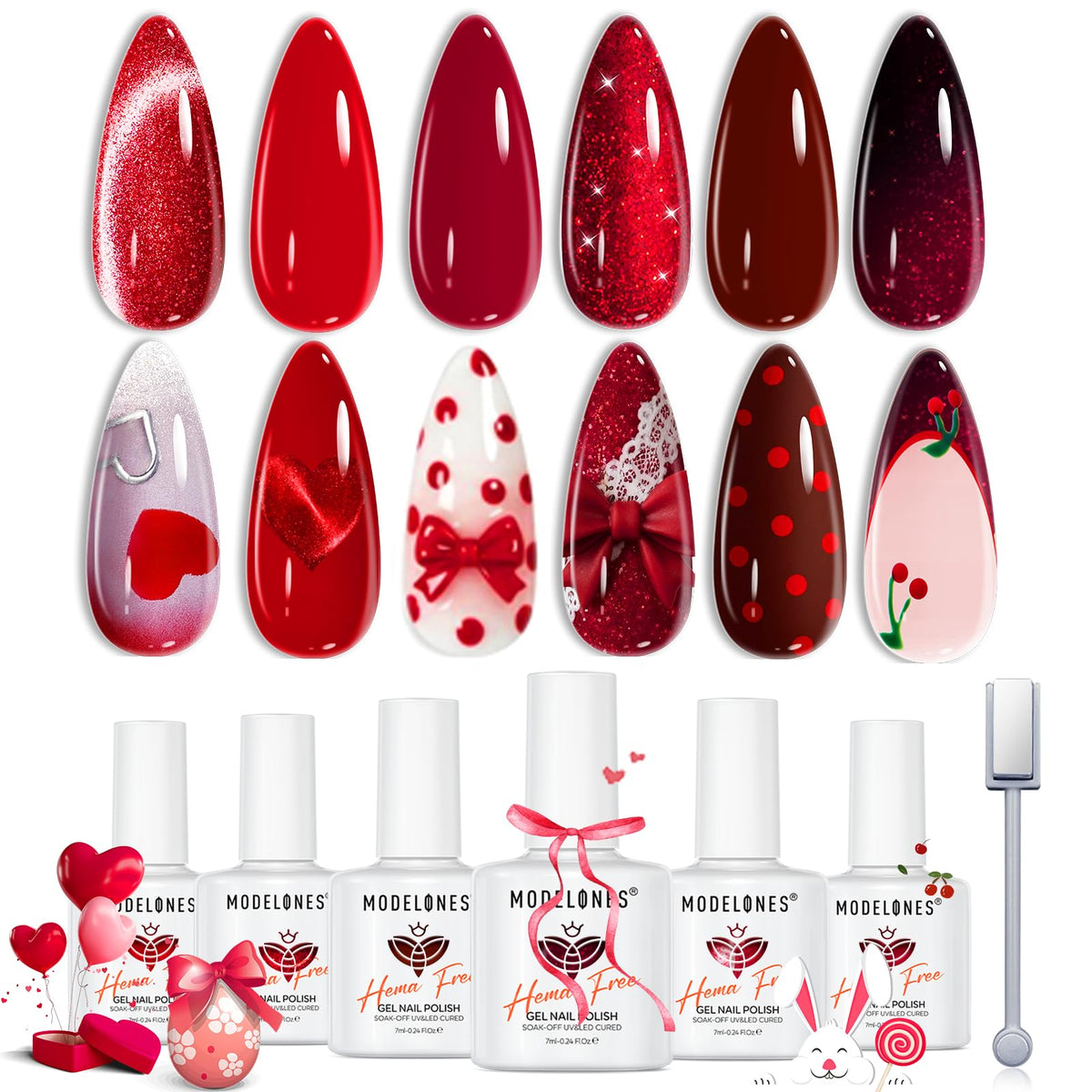 modelones front packaging showing six red gel bottles, ideal for gifting