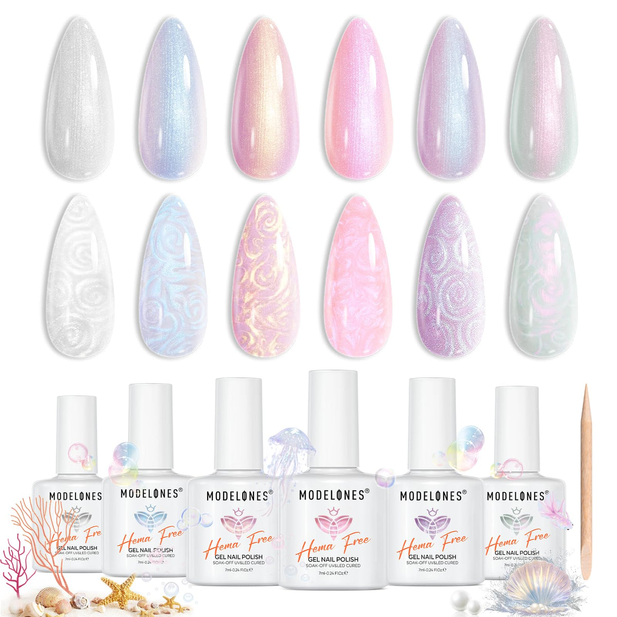 modelones front packaging showing six iridescent gel bottles and dotting pen for gifting