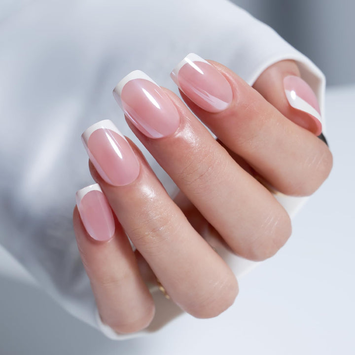 modelones front packaging showing short chrome French nails and kit contents for quick styling