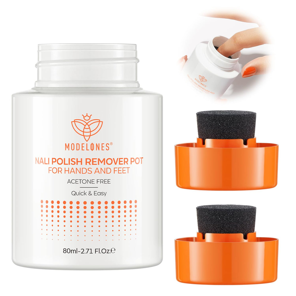 modelones front packaging showing jar and label, quick polish removal benefit