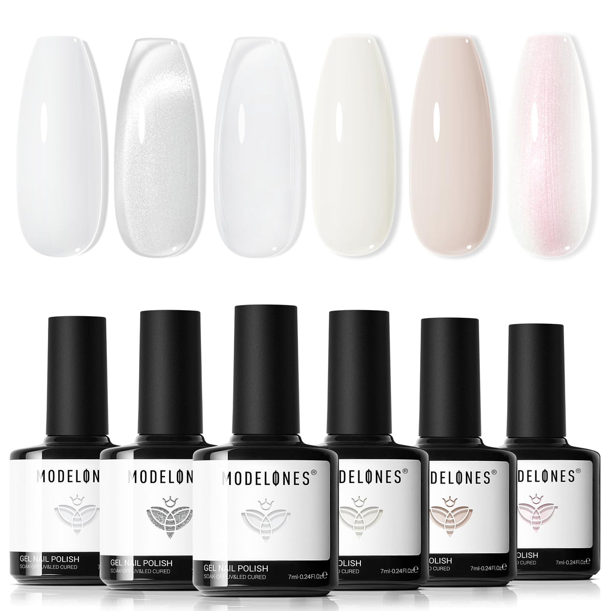 modelones front packaging showing six white gel bottles and magnet for clear kit overview