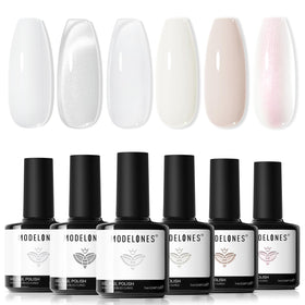 modelones front packaging showing six white gel bottles and magnet for clear kit overview