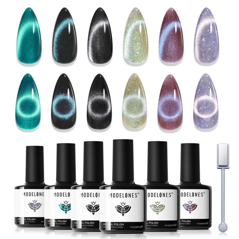 modelones front packaging showing six holographic gel bottles benefits quick selection