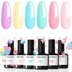 modelones front packaging showing six pastel gel bottles and brand clarity benefit