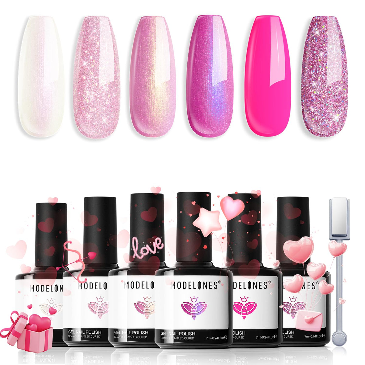 modelones front packaging showing six pink bottles and included magnetic stick, clear contents