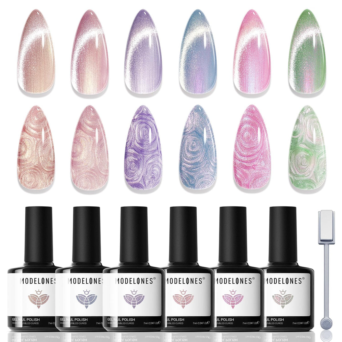 modelones front packaging showing six shimmer gel bottles and vibrant colors benefit easy selection