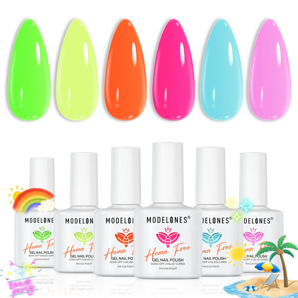 modelones front packaging showing six neon bottles and branding for vibrant choice