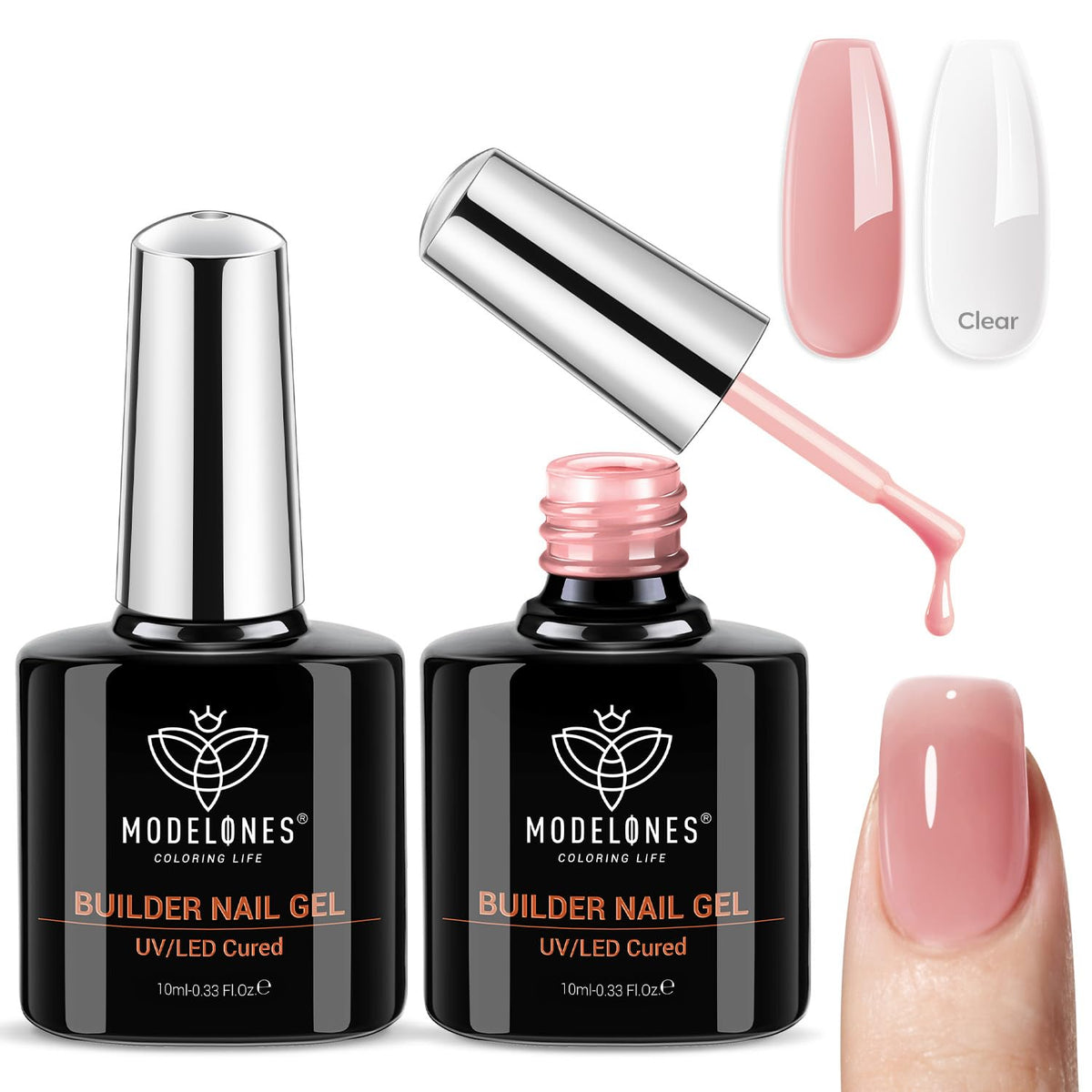 modelones front packaging showing two 10ml builder gel bottles and benefits