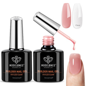 modelones front packaging showing two 10ml builder gel bottles and benefits