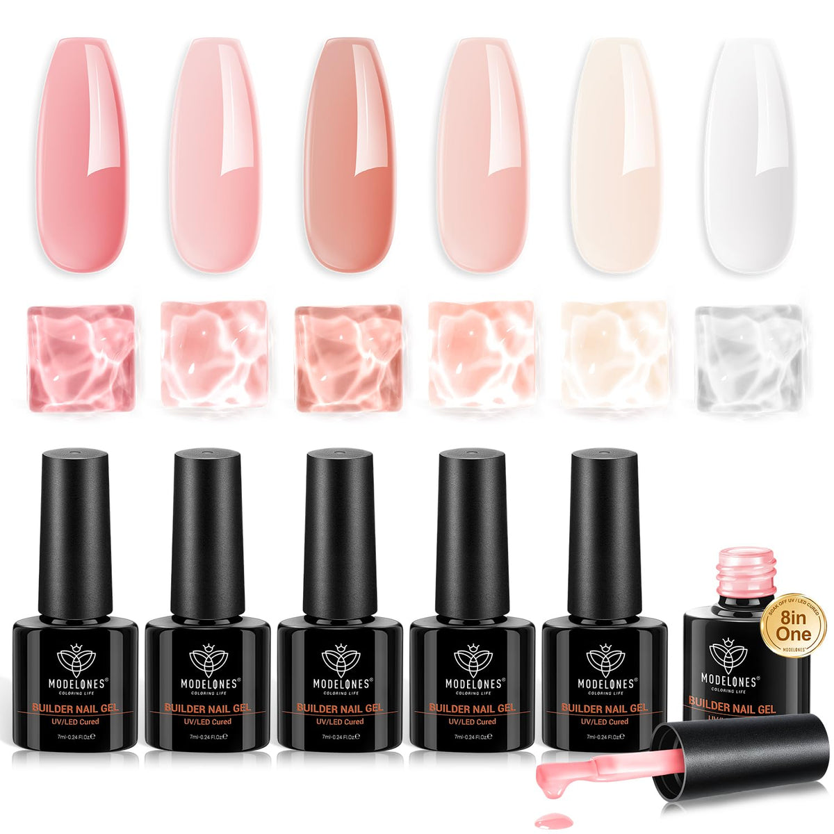 modelones front packaging showing six nude-pink builder gels, professional set benefit
