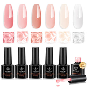 modelones front packaging showing six nude-pink builder gels, professional set benefit