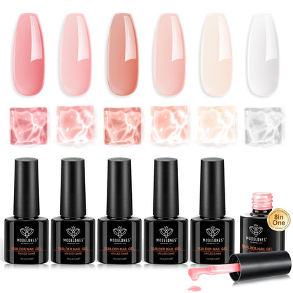 modelones front packaging showing six nude-pink builder gels, professional set benefit