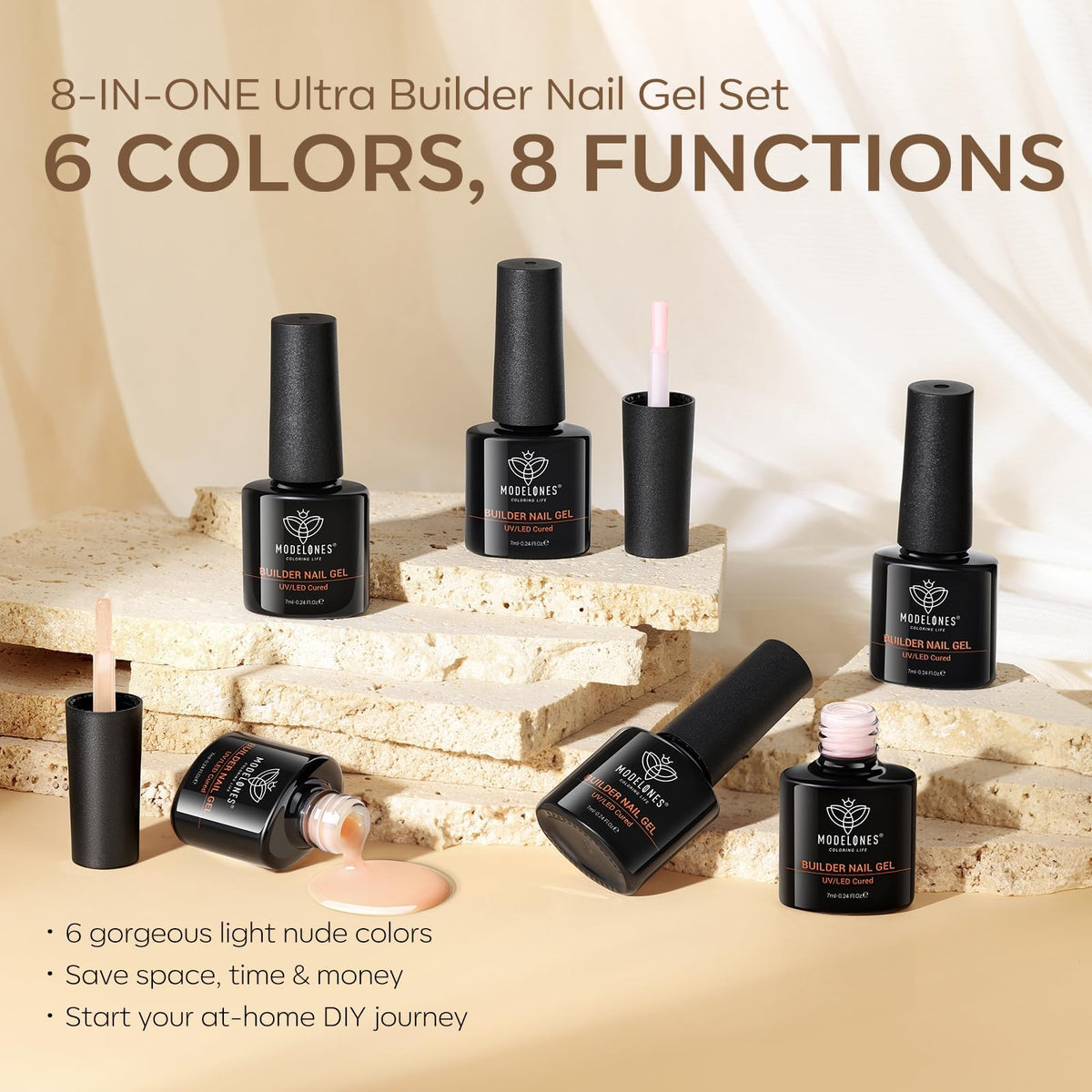 modelones builder gel securing gems on nail showing strong adhesion for nail decorations