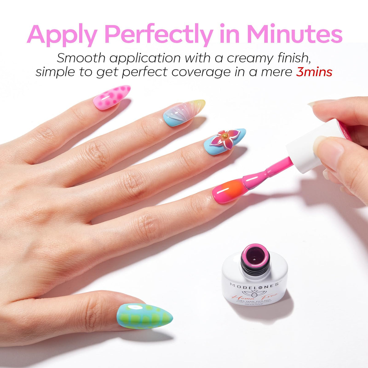 modelones green and purple finished manicure showcasing bold color contrast