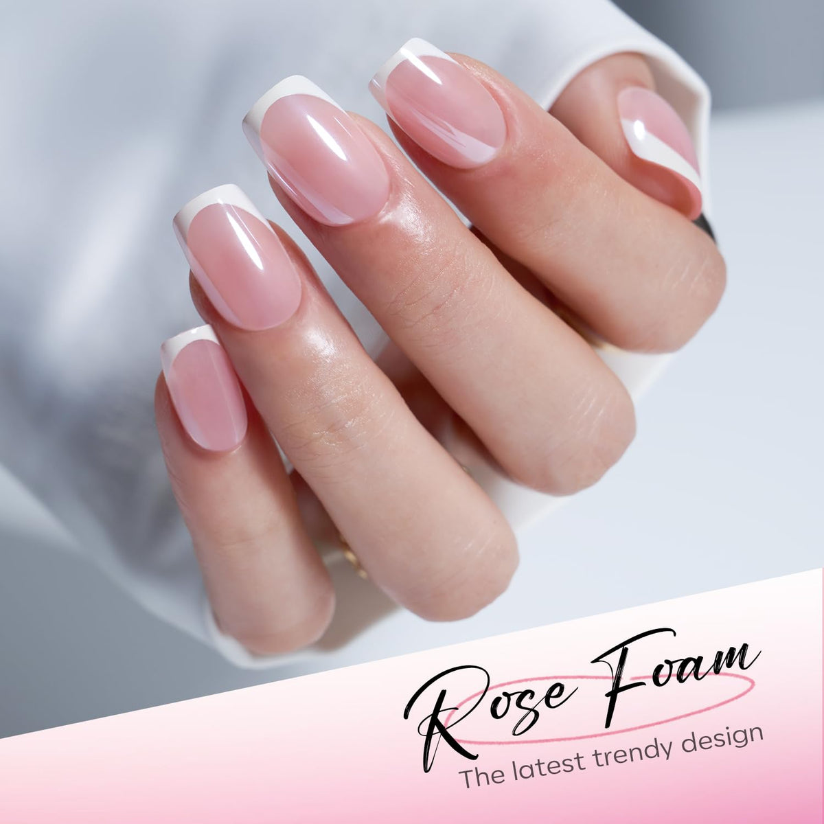 modelones on hand demonstrating square press-on nails for instant polished look
