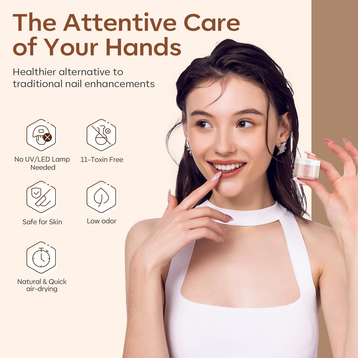 modelones lifestyle handshot with elegant nude mani showcasing wearable salon finish