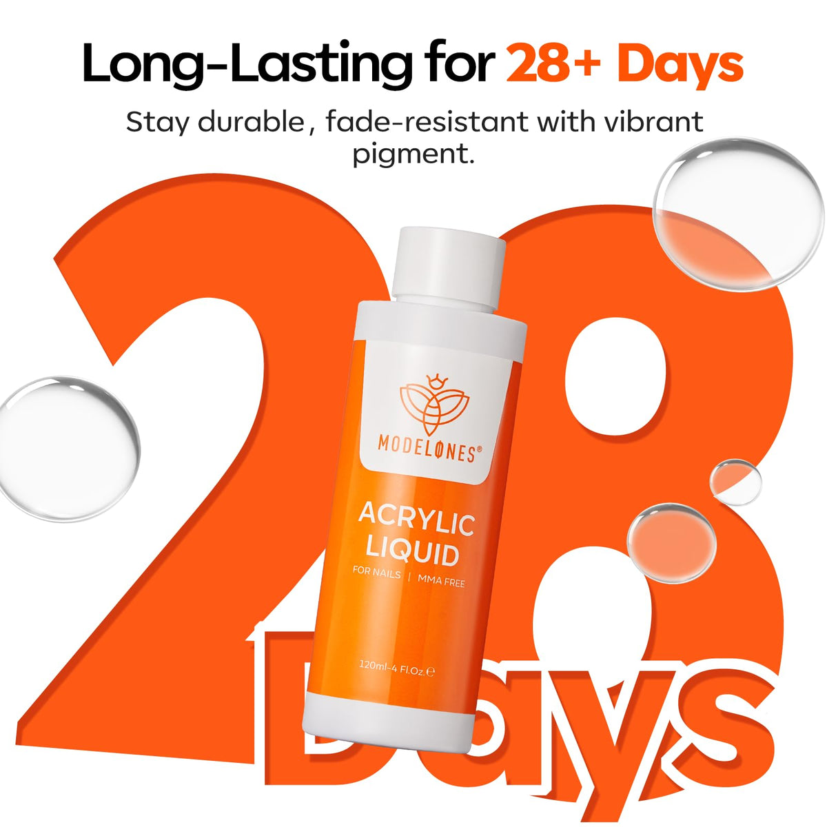 modelones monomer next to a 4 oz ruler, showing true 120ml size and travel-friendly benefit