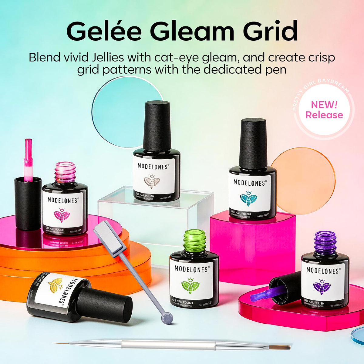 modelones nail art in use on hand, layered jelly and cat-eye depth