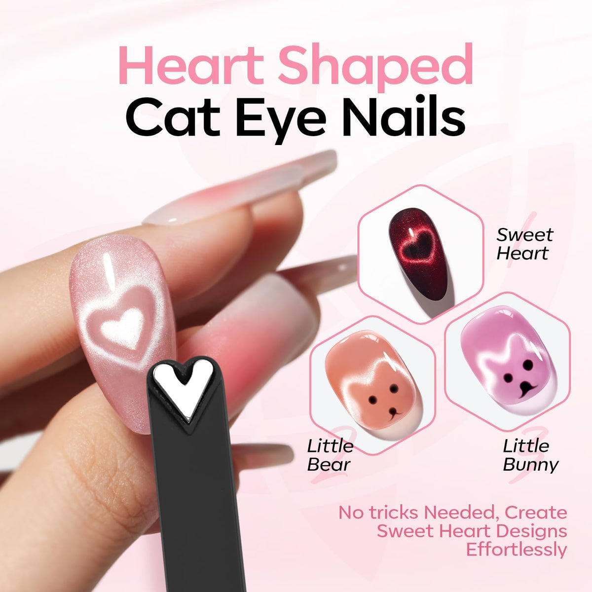 modelones nail tips displaying eight different magnetic cat eye patterns