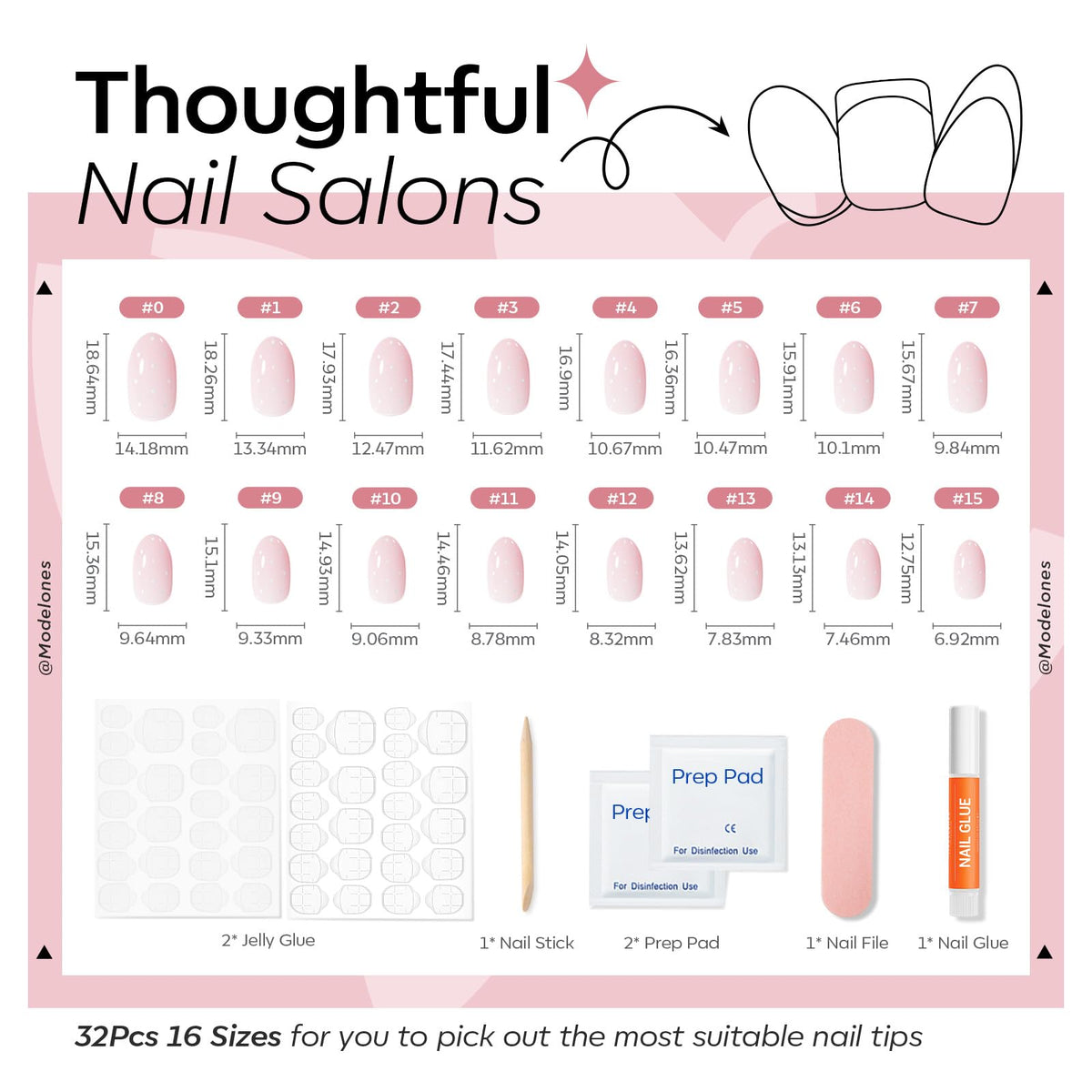 modelones nails beside ruler to show the 16 sizes and accurate fit