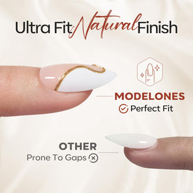 modelones nails on hand next to coin for size comparison and true-to-scale fit