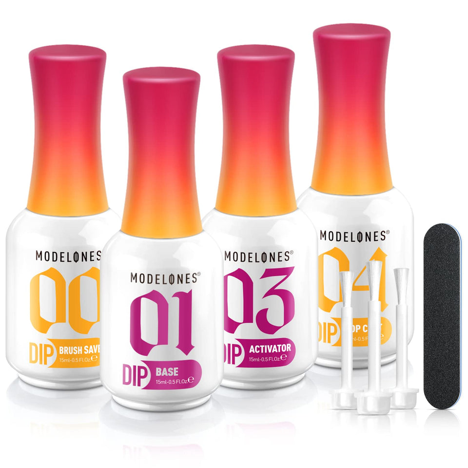 modelones front packaging showing full dip powder liquid kit and clear product benefit