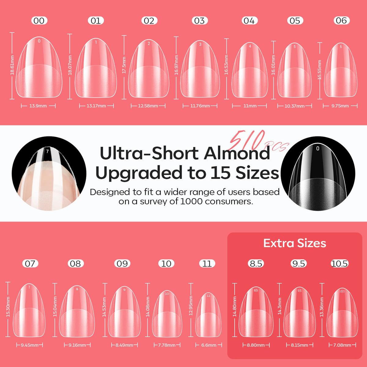 modelones short almond nail tips spread displaying 15 sizes for precise fit