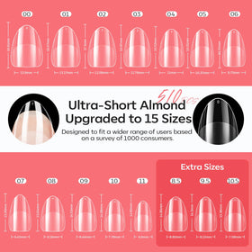modelones short almond nail tips spread displaying 15 sizes for precise fit