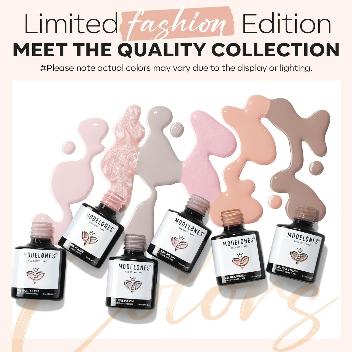 modelones six bottles flatlay displaying the neutral nude spectrum