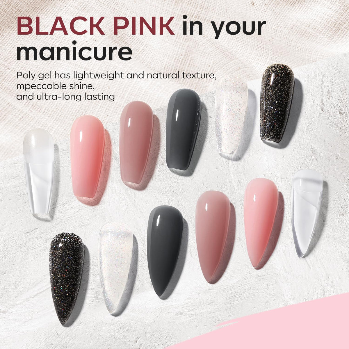 modelones six poly gel colors arranged to show shade variety and creativity