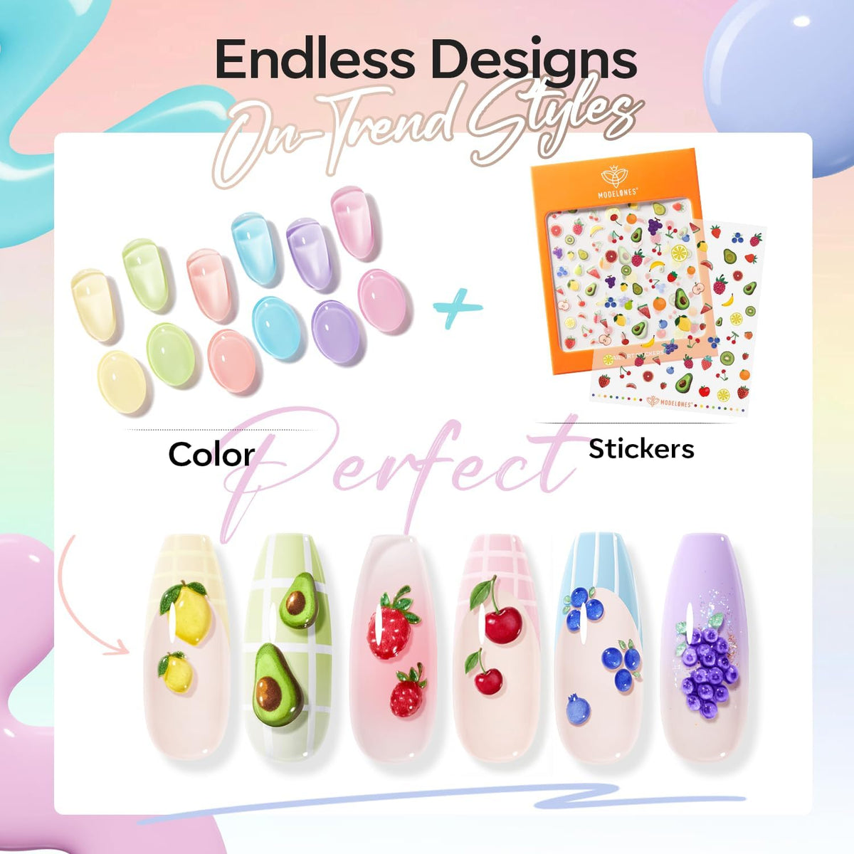 modelones sticker sheet detail with fruit decals to create playful nail art