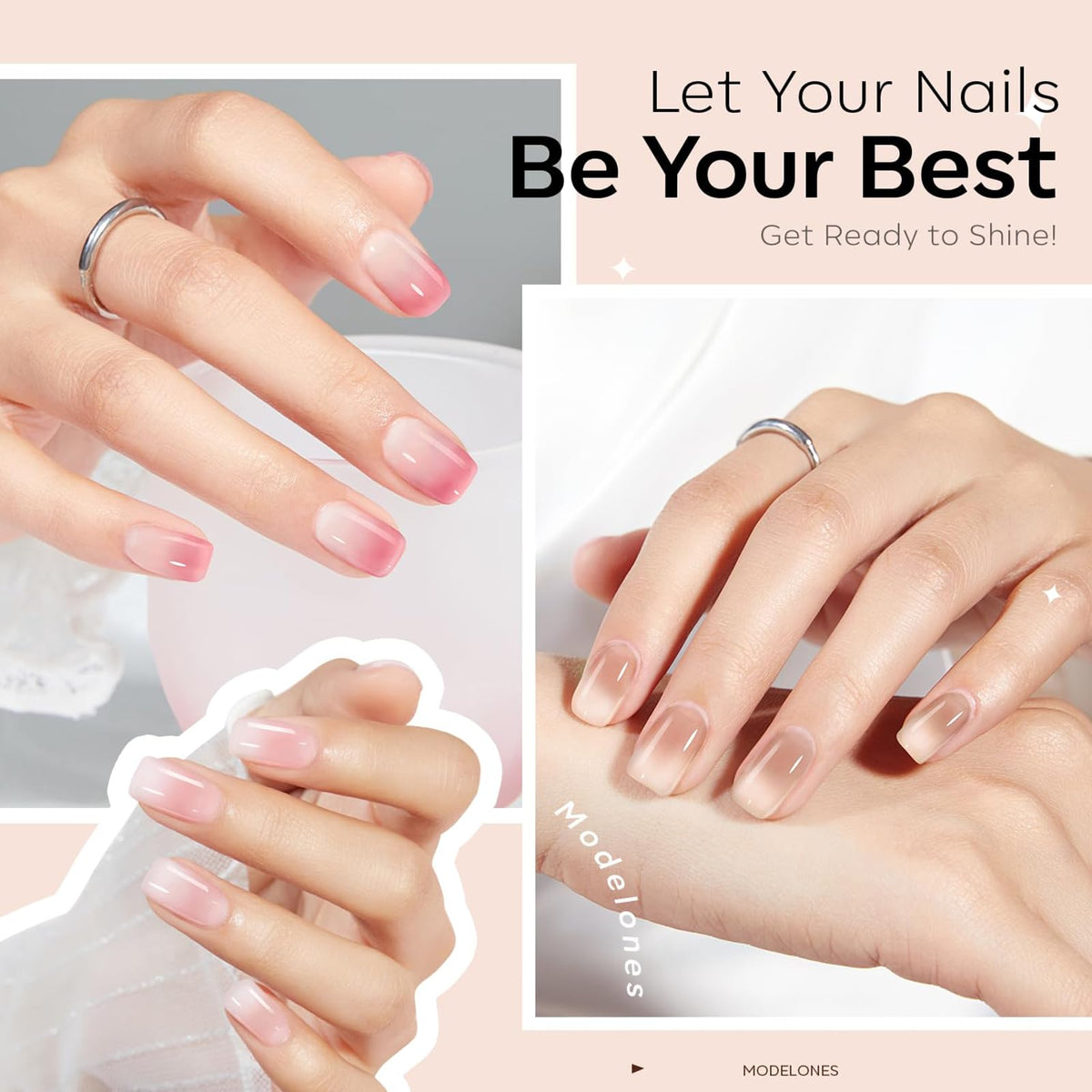 modelones swatch strip arrangement with all six sheer shades benefit: compare translucency