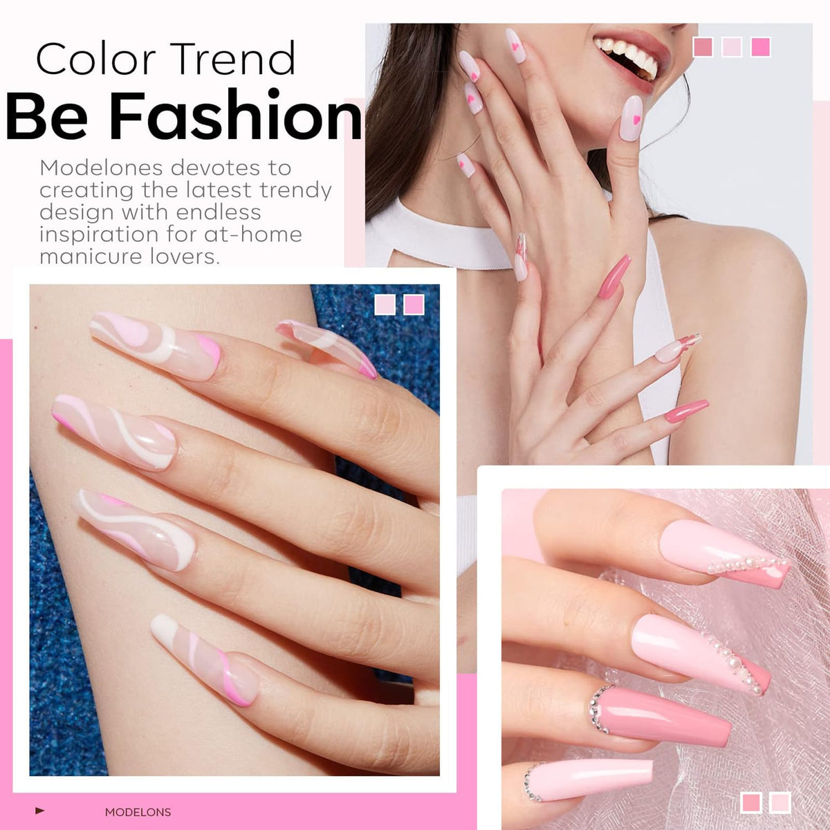 modelones swatch strip closeup displaying true soft pink and nude tones for color choice
