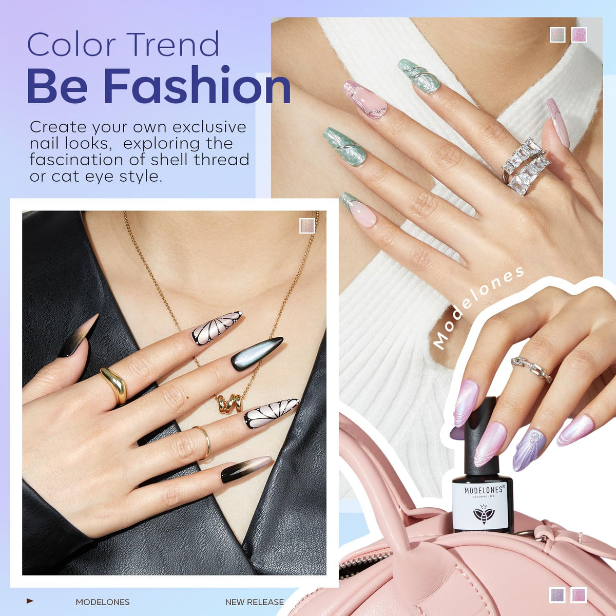 modelones swatches on nail wheel showing six iridescent shades for color preview benefit choice
