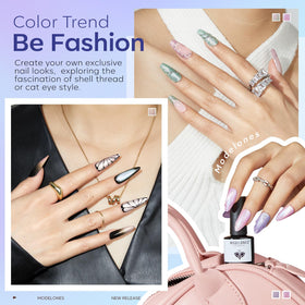 modelones swatches on nail wheel showing six iridescent shades for color preview benefit choice