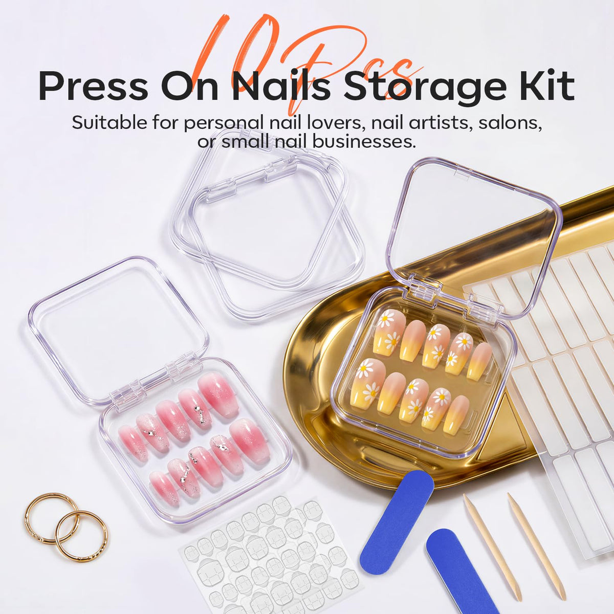modelones tool kit layout with file, cuticle stick, and tabs for ready application
