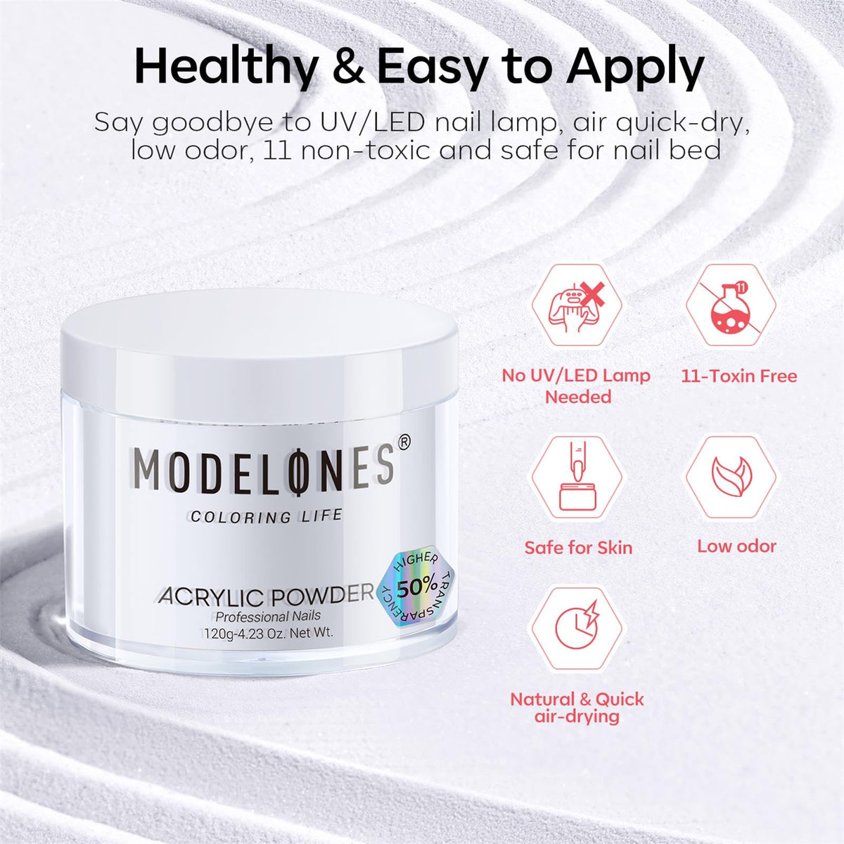 modelones nails with topcoat finish highlighting high-shine, non-yellowing result