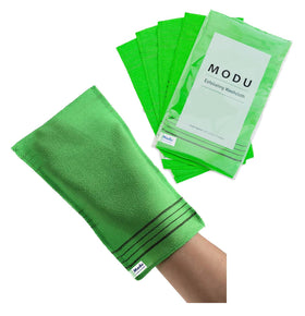 Modu front packaging showing five green mitts and benefits