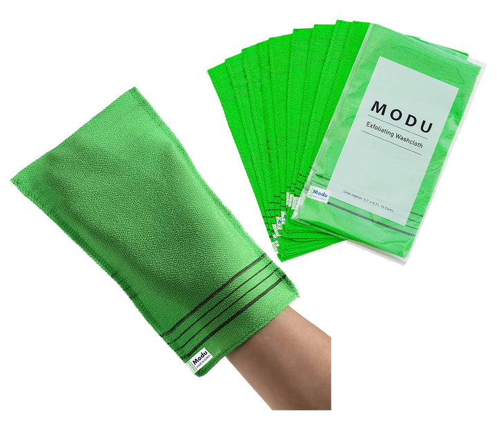 Modu front packaging showing 10 green mitts and product details for easy selection
