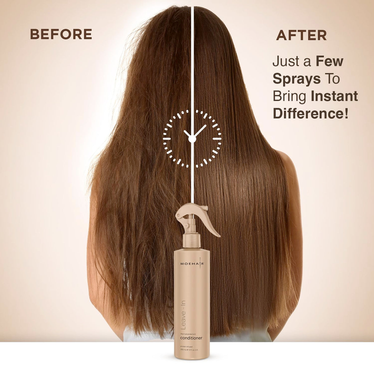 MOEHAIR before-and-after detangle comparison showing reduced knots and smoother hair