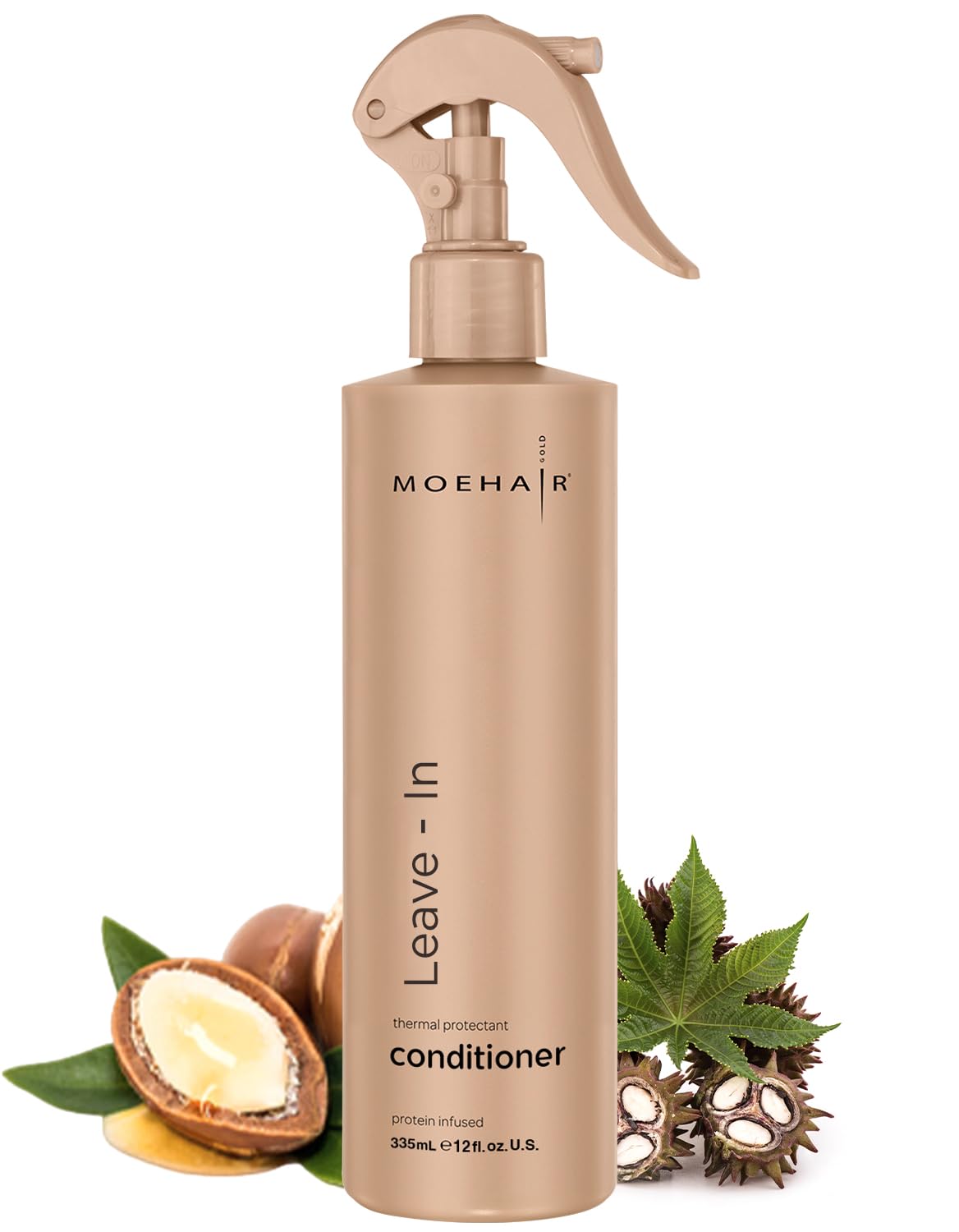 MOEHAIR front packaging showing 12 fl oz spray bottle and label benefit
