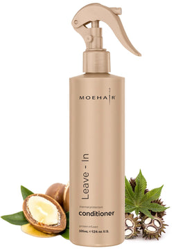 MOEHAIR front packaging showing 12 fl oz spray bottle and label benefit