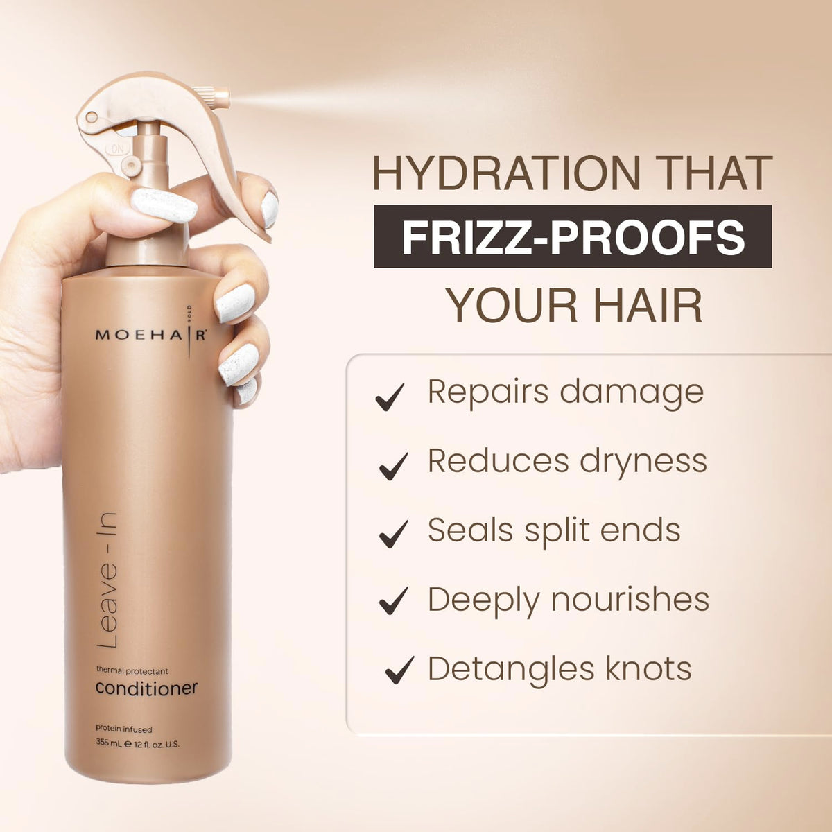 MOEHAIR being sprayed onto damp hair showing easier detangling benefit