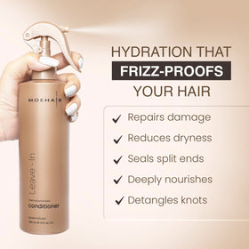 MOEHAIR being sprayed onto damp hair showing easier detangling benefit