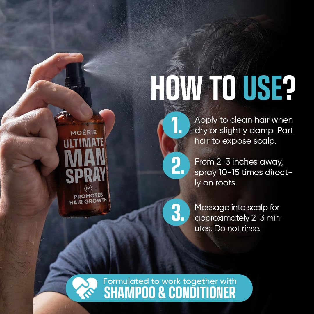 Moerie spray being applied to a male scalp for targeted nourishment