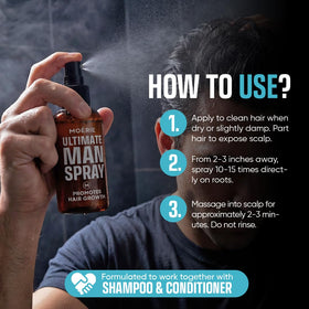 Moerie spray being applied to a male scalp for targeted nourishment