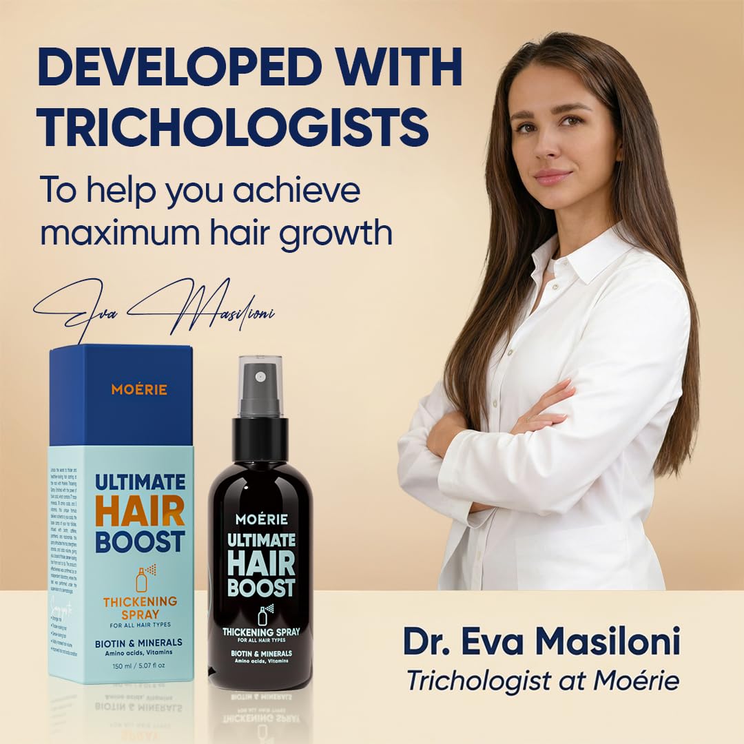 Moerie before and after hair comparison illustrating thicker looking strands over time