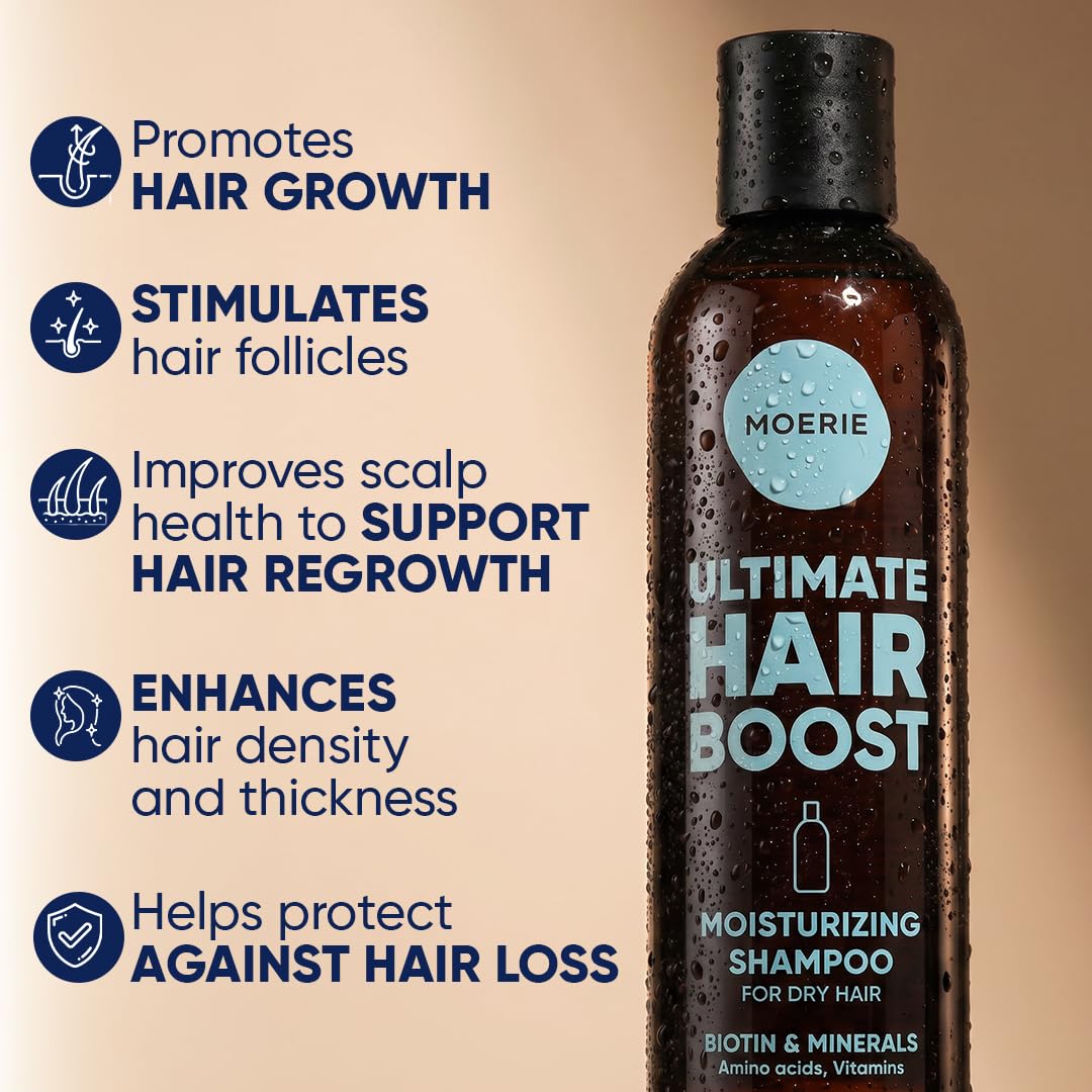 Moerie bottle label closeup highlighting biotin and rosemary benefits for scalp