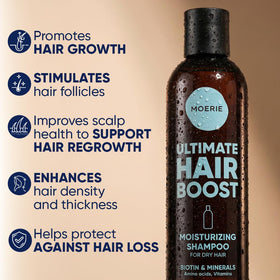 Moerie bottle label closeup highlighting biotin and rosemary benefits for scalp
